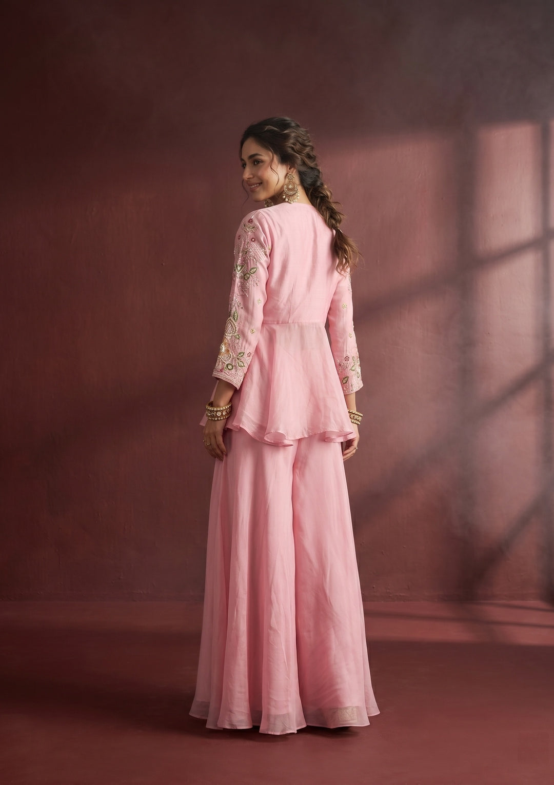 Pink Threadwork Crepe Readymade Salwar Suit