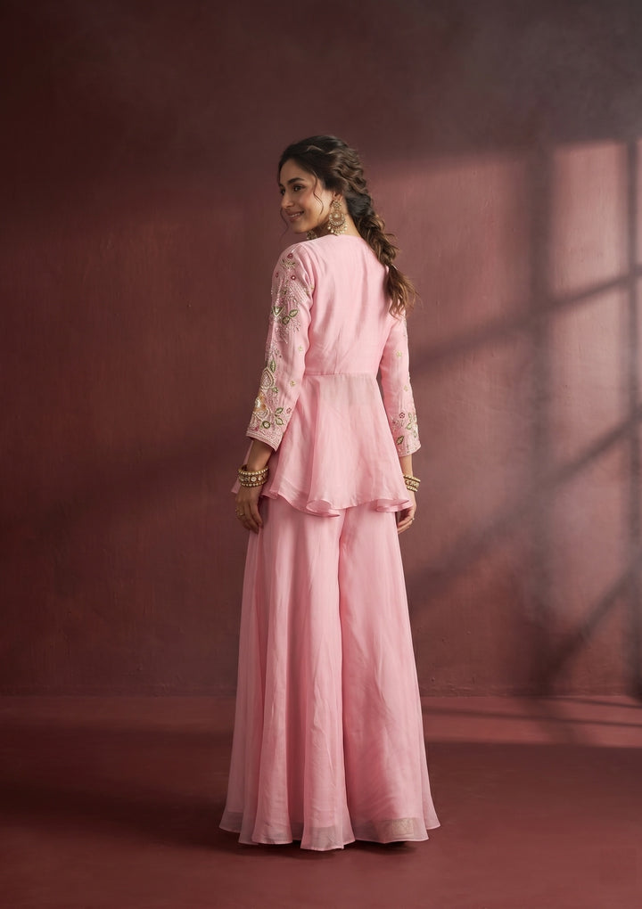 Pink Threadwork Crepe Readymade Salwar Suit