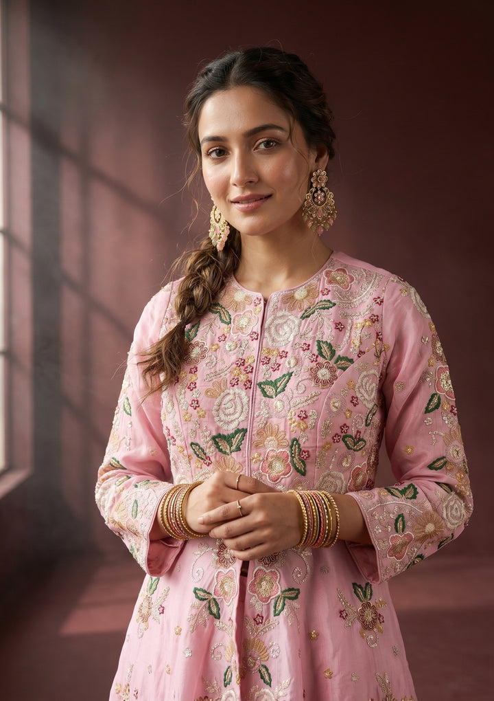 Pink Threadwork Crepe Readymade Salwar Suit