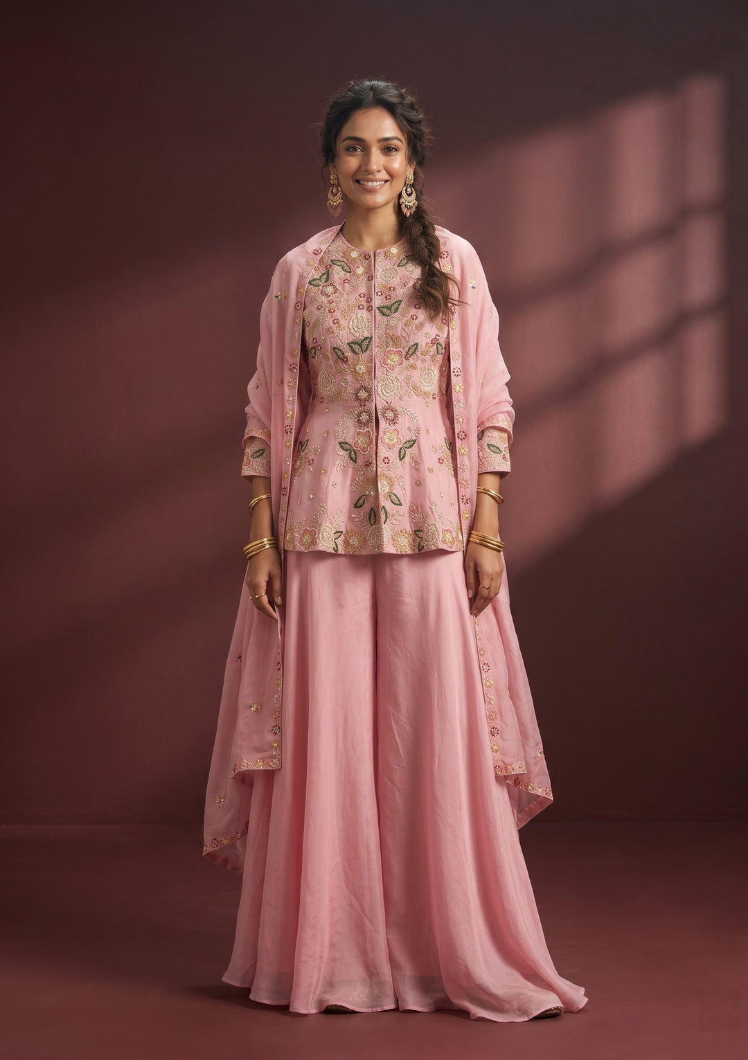 Pink Threadwork Crepe Readymade Salwar Suit