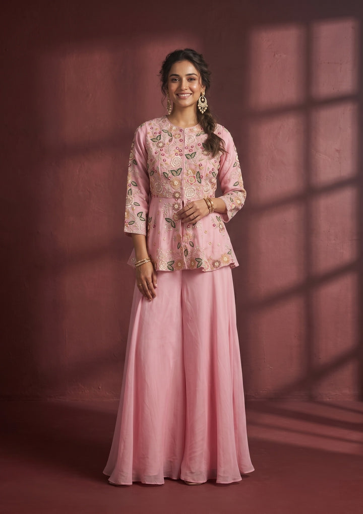 Pink Threadwork Crepe Readymade Salwar Suit