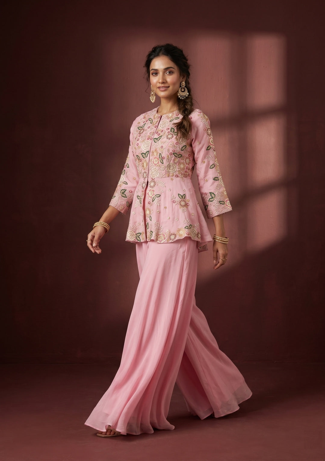 Pink Threadwork Crepe Readymade Salwar Suit