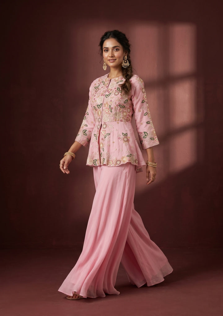 Pink Threadwork Crepe Readymade Salwar Suit