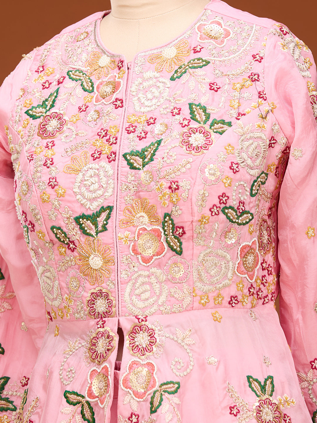 Pink Threadwork Crepe Readymade Salwar Suit