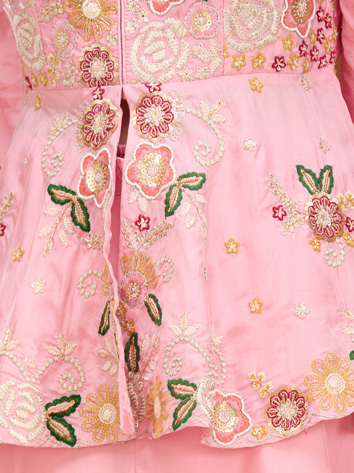 Pink Threadwork Crepe Readymade Salwar Suit