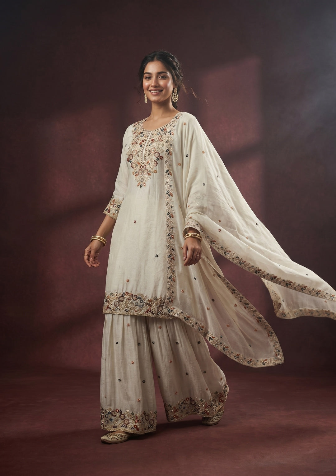 Light Grey Threadwork Crepe Readymade Salwar Suit
