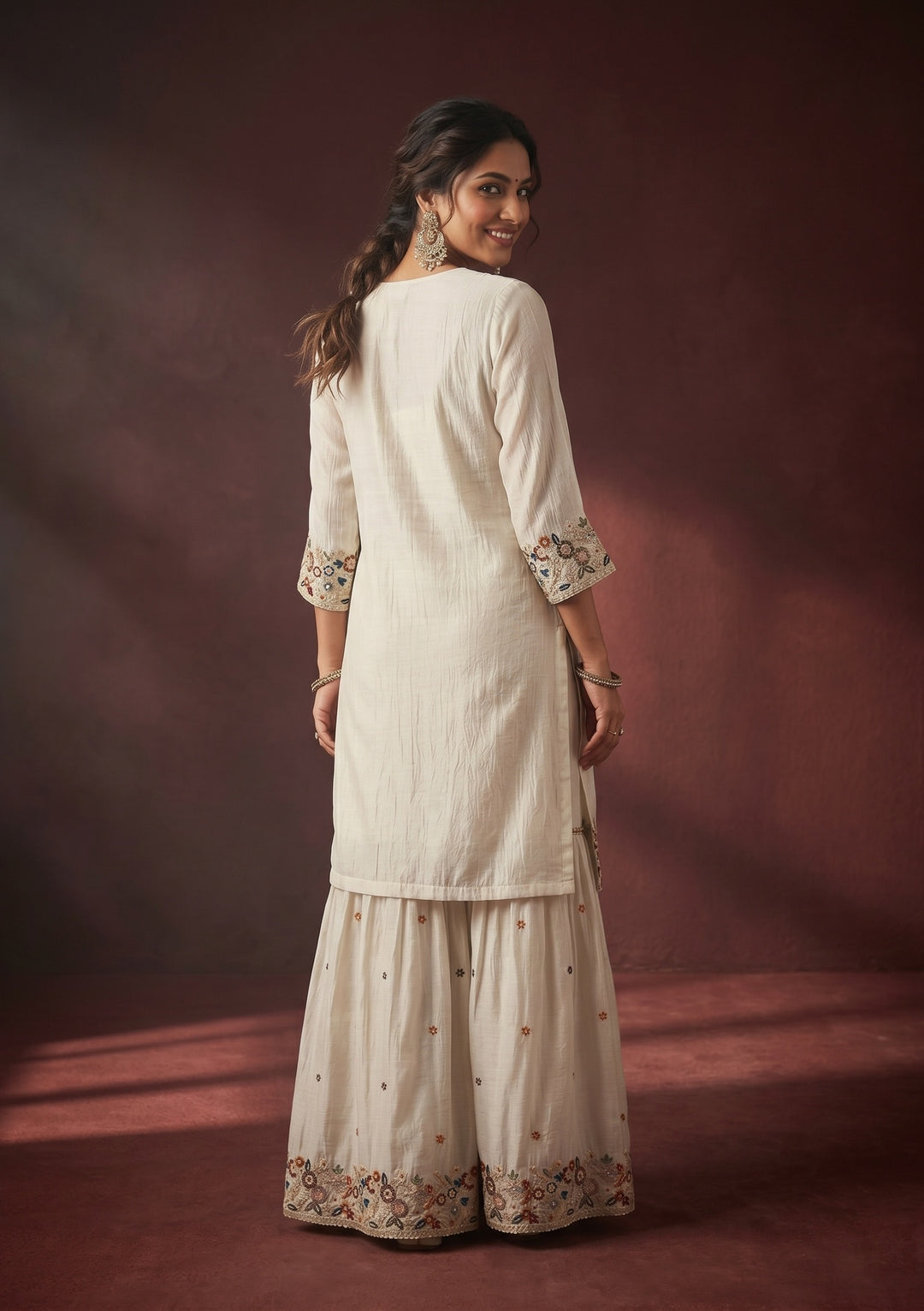 Light Grey Threadwork Crepe Readymade Salwar Suit