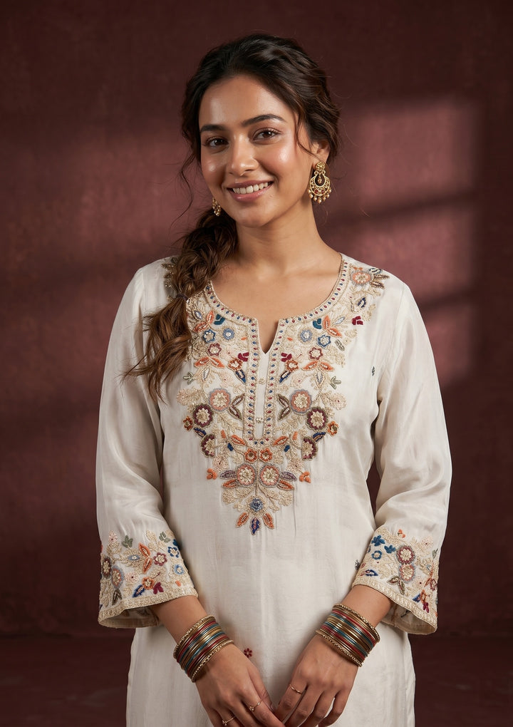 Light Grey Threadwork Crepe Readymade Salwar Suit