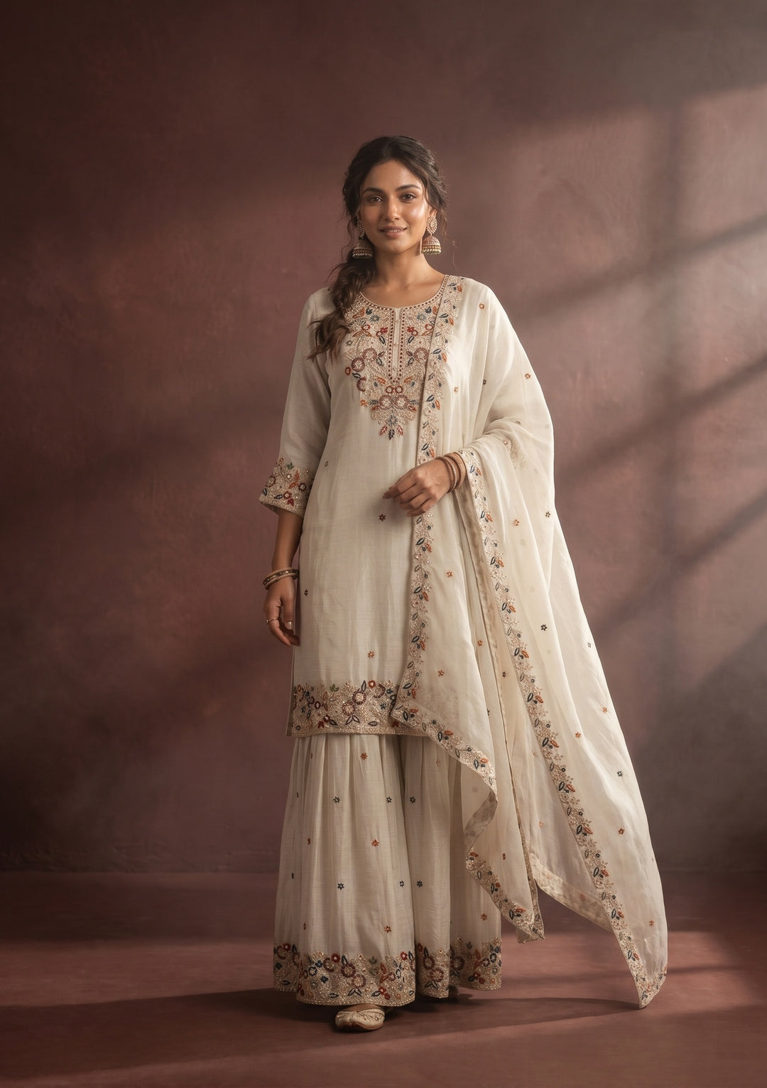 Light Grey Threadwork Crepe Readymade Salwar Suit