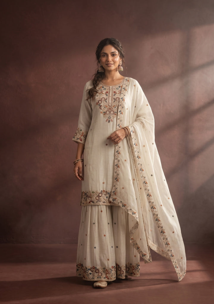 Light Grey Threadwork Crepe Readymade Salwar Suit