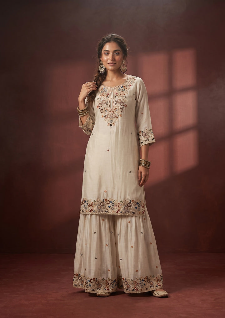 Light Grey Threadwork Crepe Readymade Salwar Suit