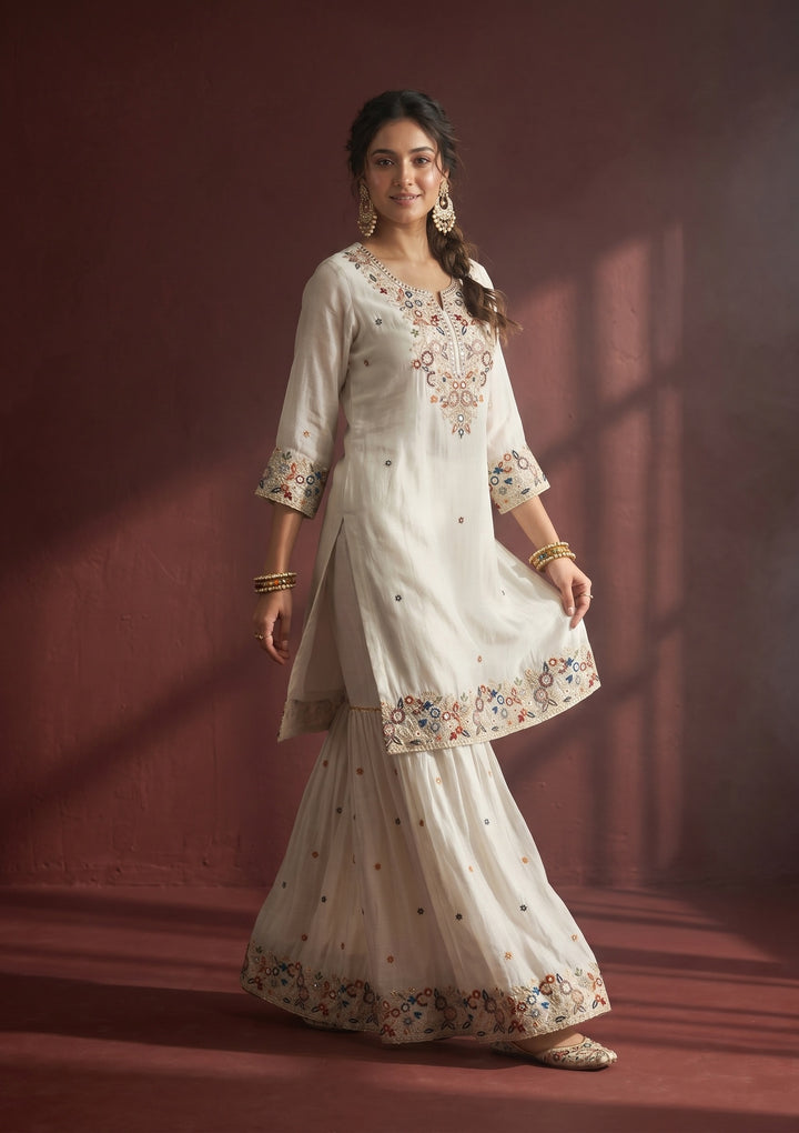 Light Grey Threadwork Crepe Readymade Salwar Suit