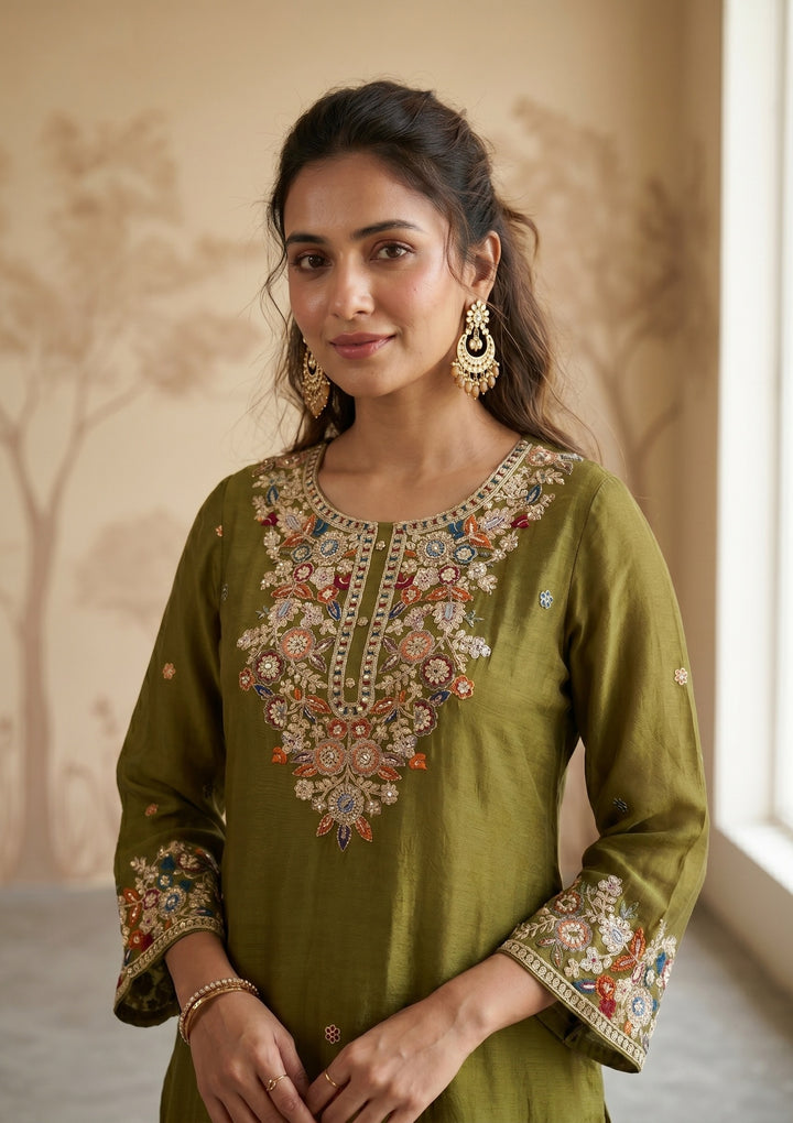 Mehendi Threadwork Crepe Readymade Salwar Suit
