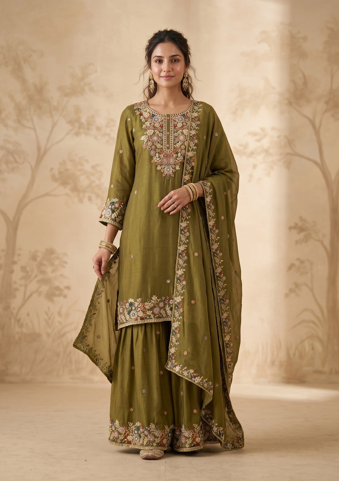 Mehendi Threadwork Crepe Readymade Salwar Suit