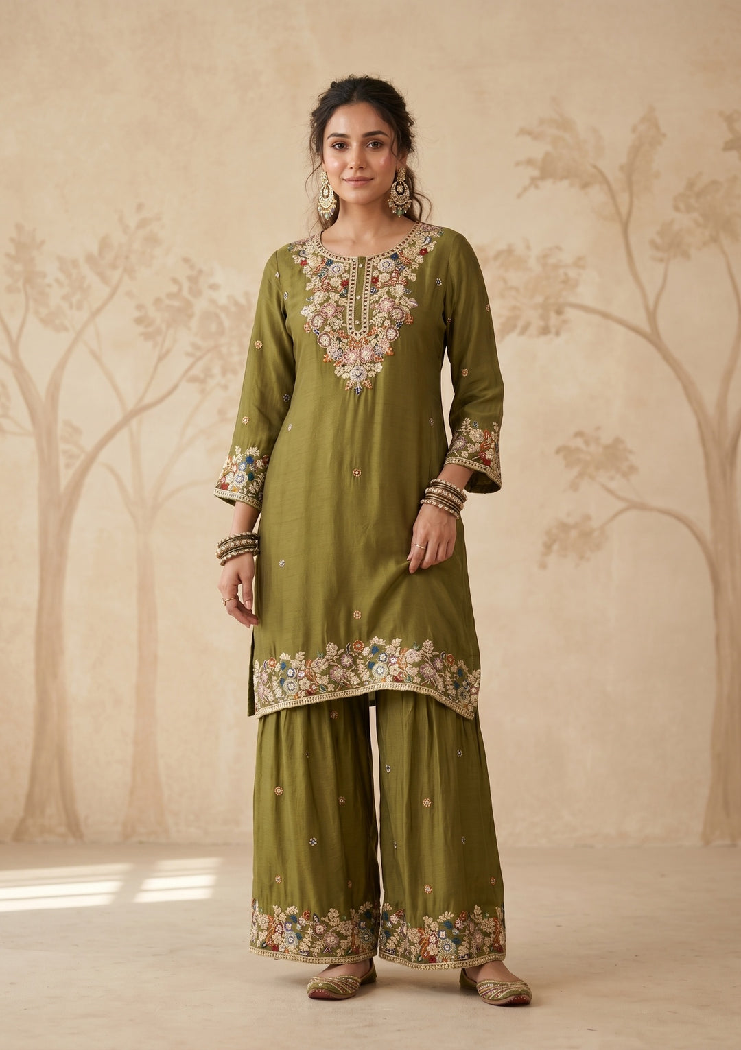 Mehendi Threadwork Crepe Readymade Salwar Suit