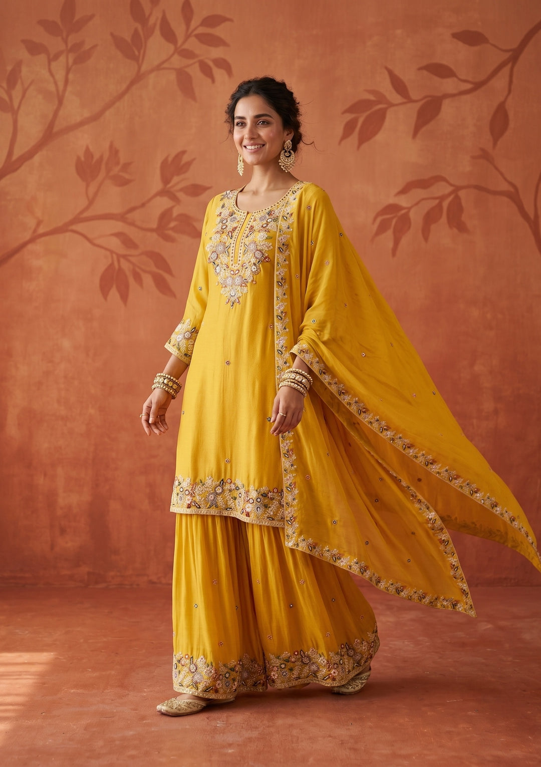 Mustard Threadwork Crepe Readymade Salwar Suit