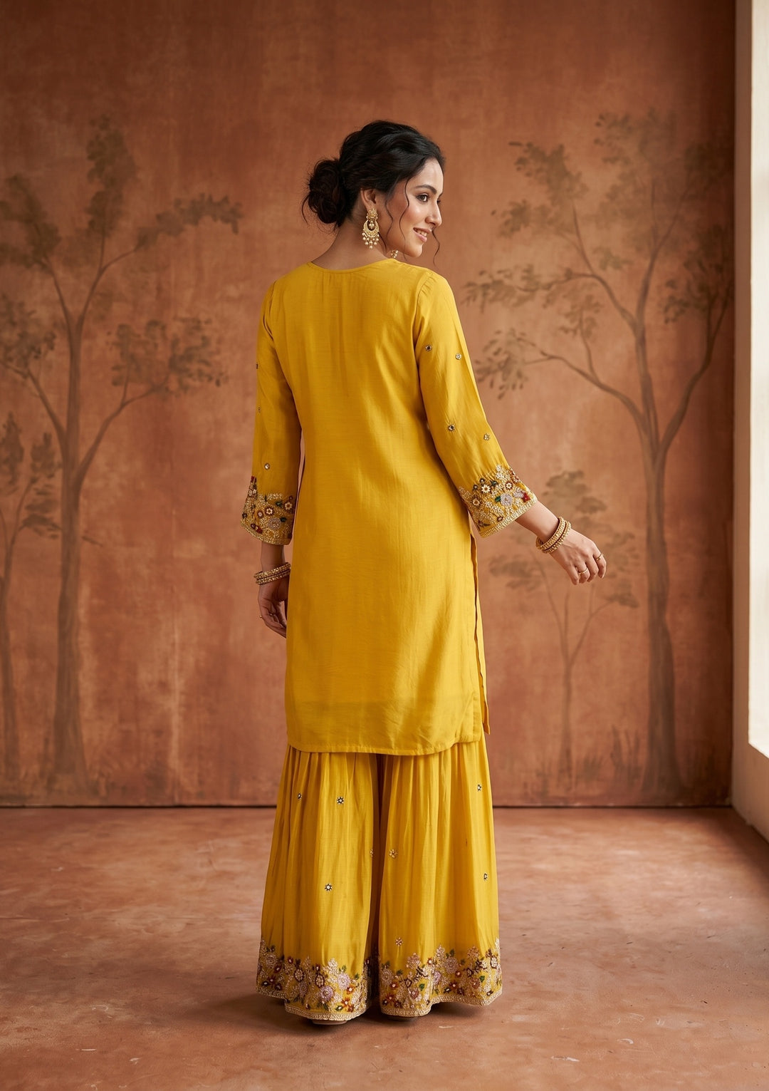 Mustard Threadwork Crepe Readymade Salwar Suit