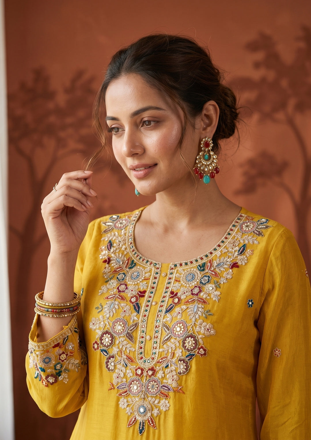 Mustard Threadwork Crepe Readymade Salwar Suit