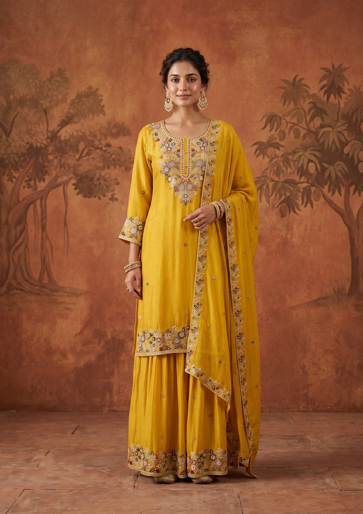Mustard Threadwork Crepe Readymade Salwar Suit