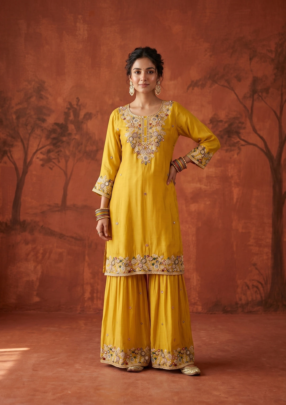 Mustard Threadwork Crepe Readymade Salwar Suit