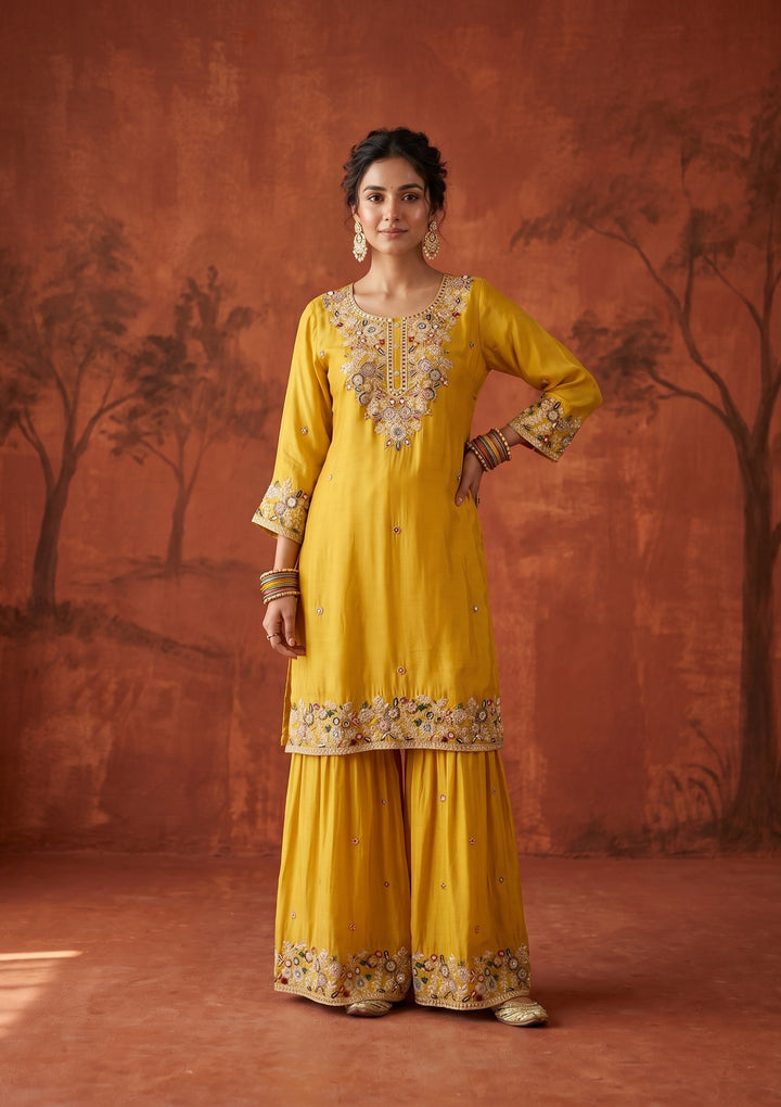 Mustard Threadwork Crepe Readymade Salwar Suit