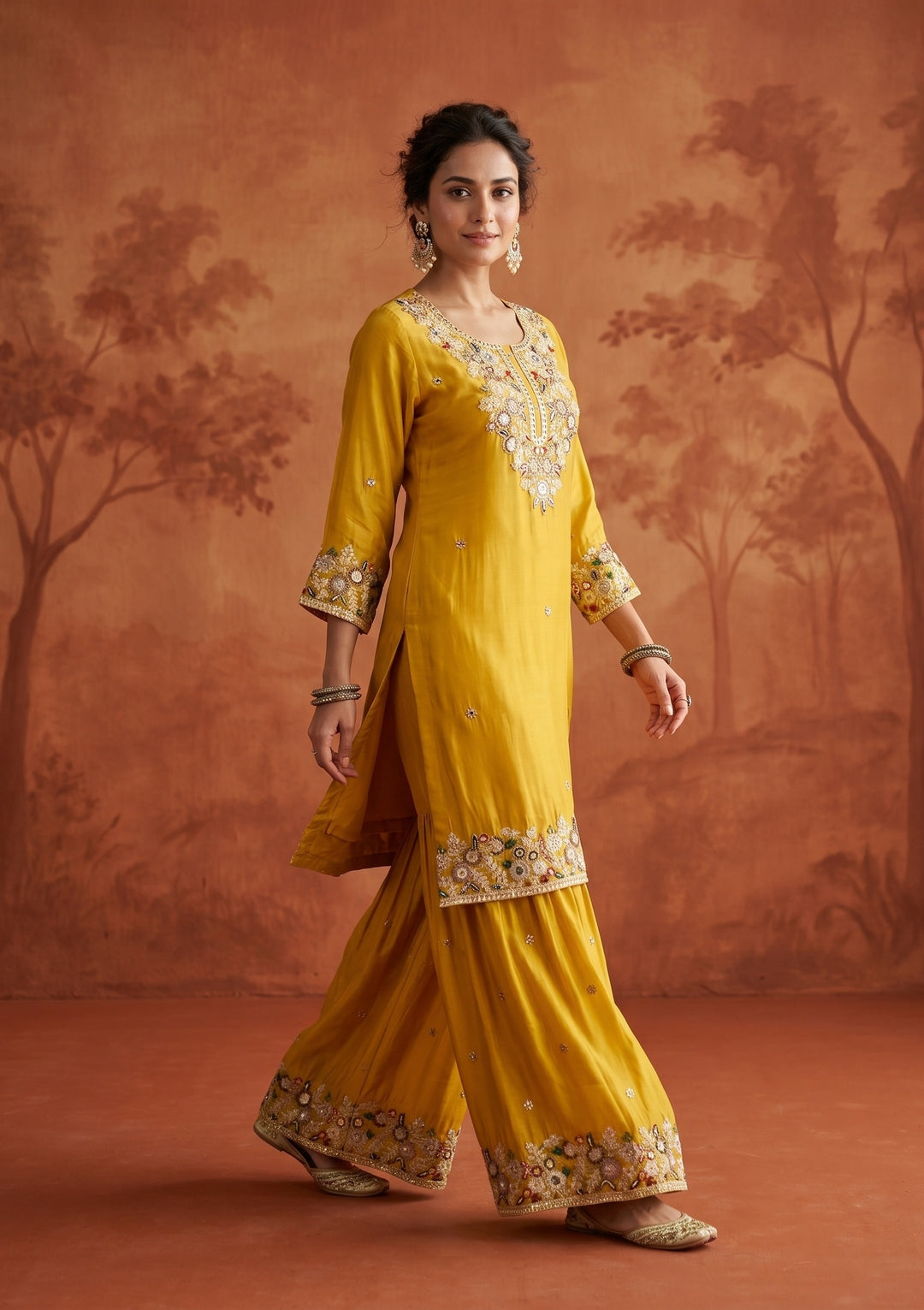 Mustard Threadwork Crepe Readymade Salwar Suit