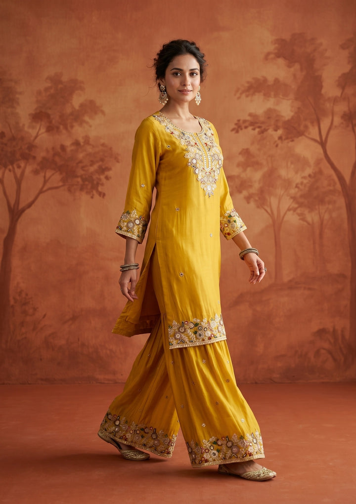 Mustard Threadwork Crepe Readymade Salwar Suit