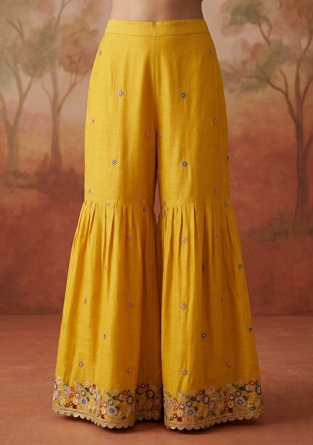 Mustard Threadwork Crepe Readymade Salwar Suit