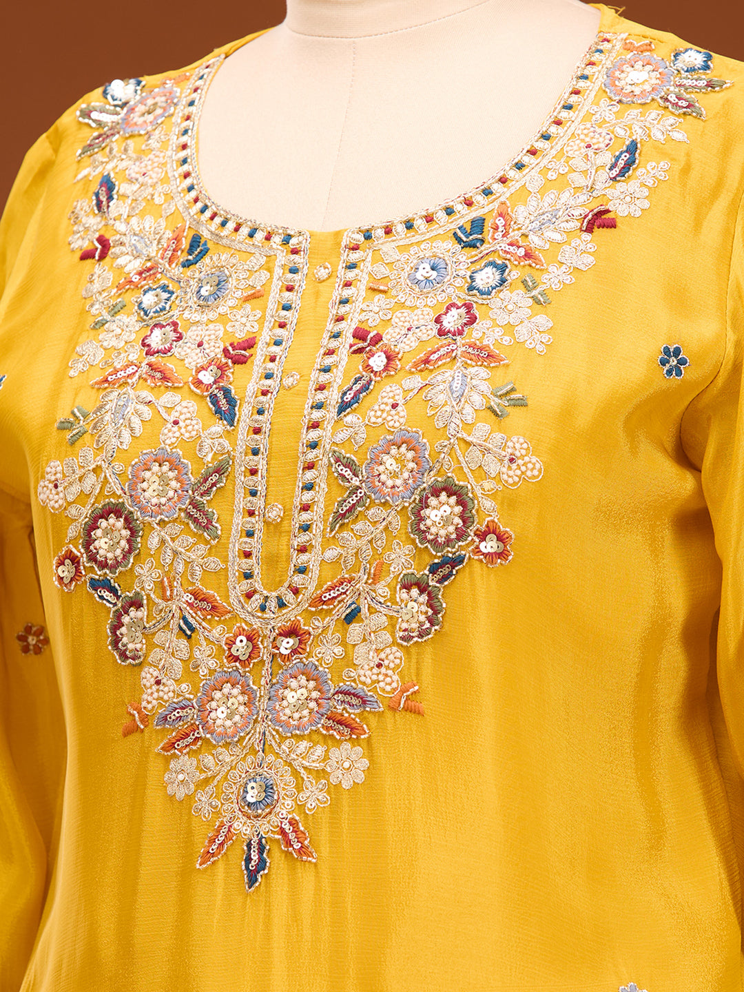 Mustard Threadwork Crepe Readymade Salwar Suit