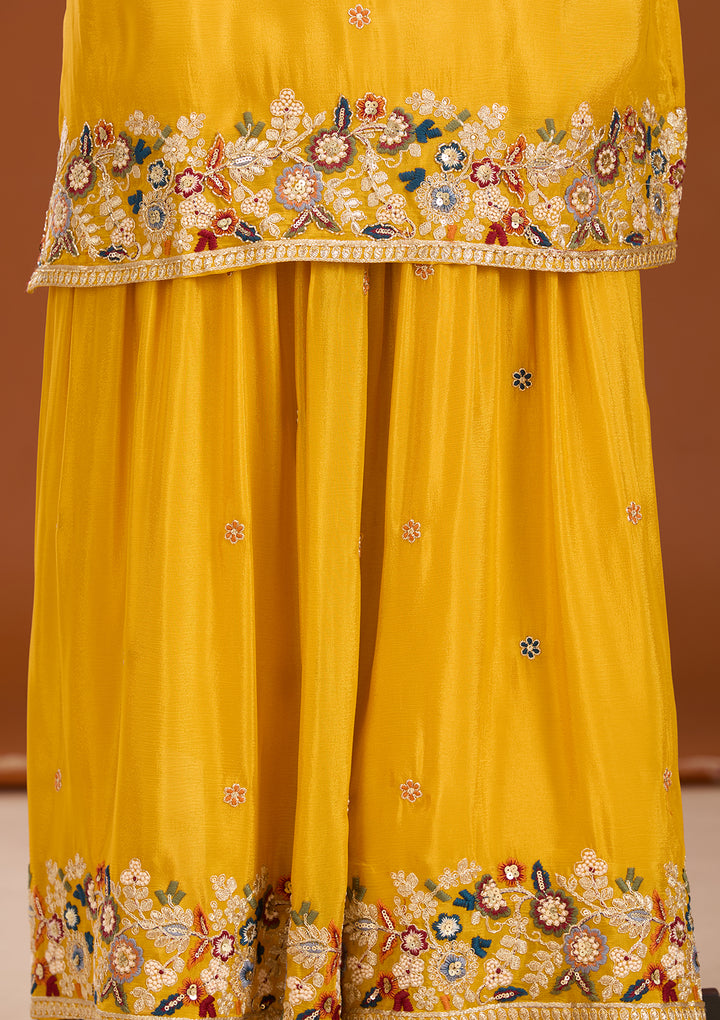 Mustard Threadwork Crepe Readymade Salwar Suit