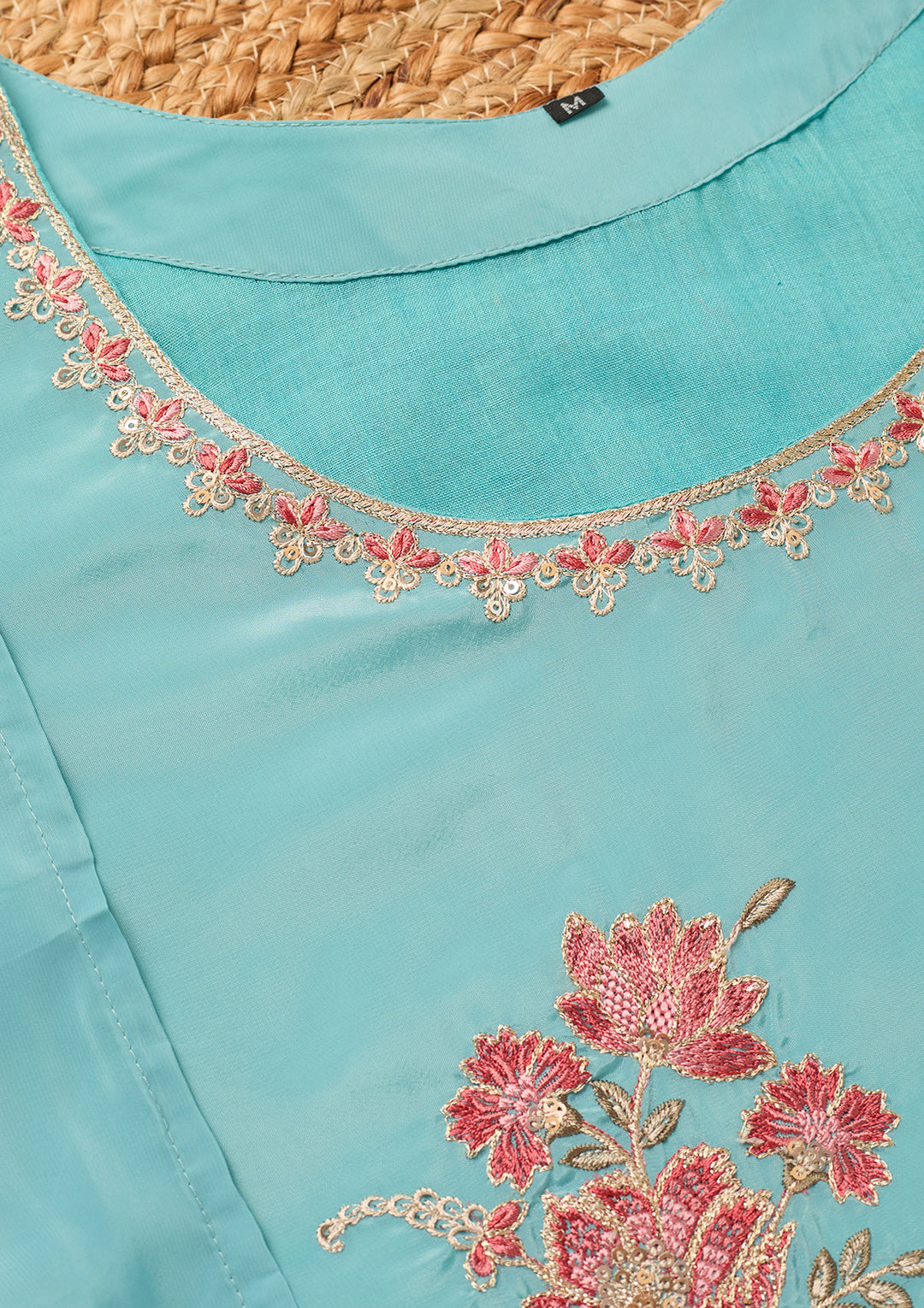 Sky Blue Semi Crepe Threadwork Straight Kurta With Pant Regular And Dupatta