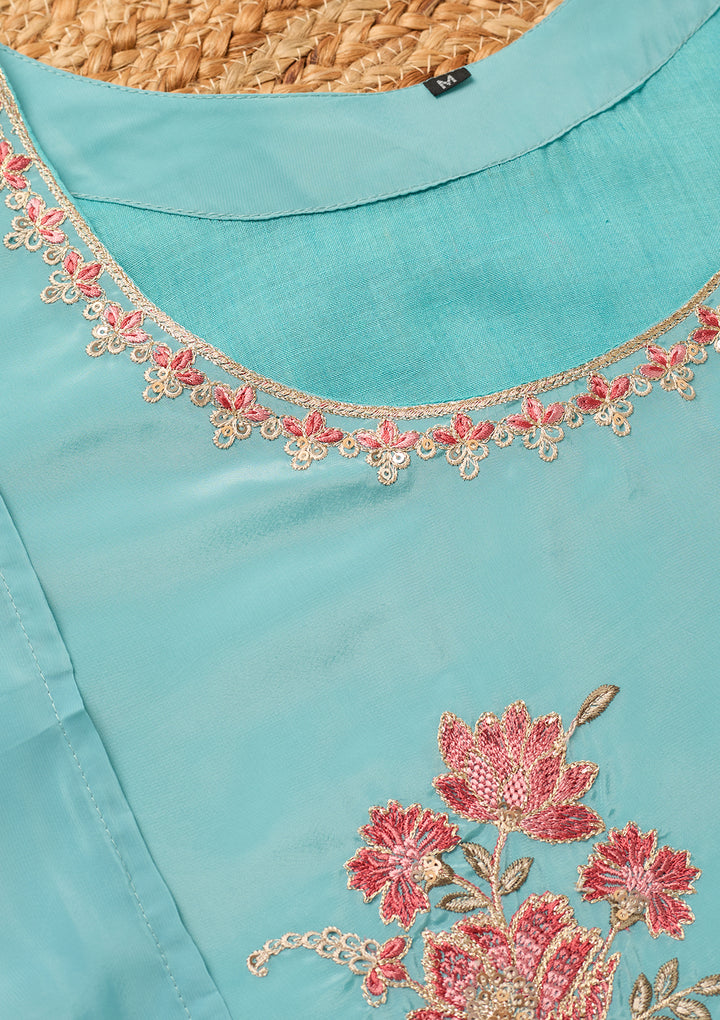 Sky Blue Semi Crepe Threadwork Straight Kurta With Pant Regular And Dupatta