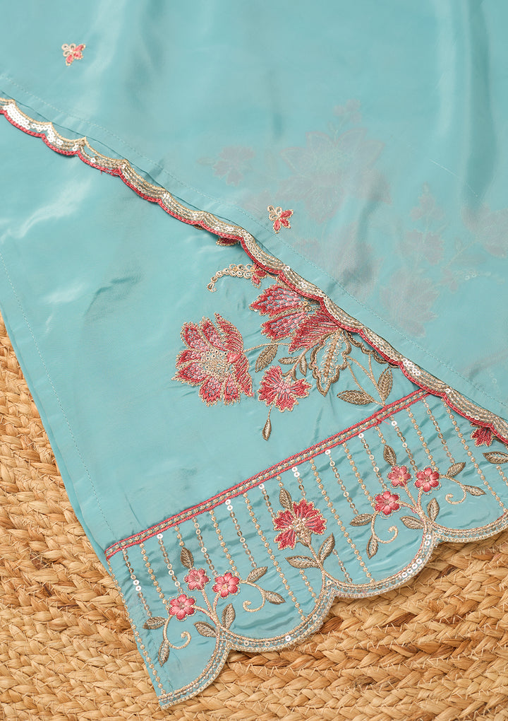 Sky Blue Semi Crepe Threadwork Straight Kurta With Pant Regular And Dupatta
