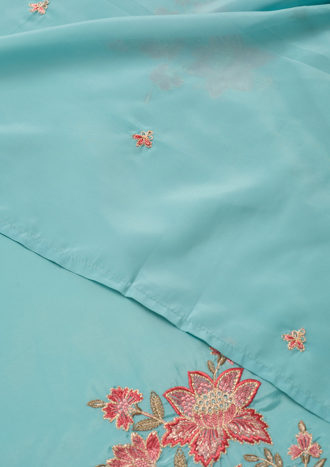 Sky Blue Semi Crepe Threadwork Straight Kurta With Pant Regular And Dupatta