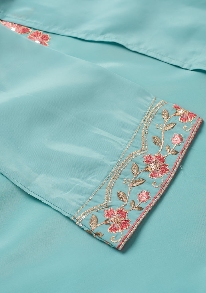 Sky Blue Semi Crepe Threadwork Straight Kurta With Pant Regular And Dupatta
