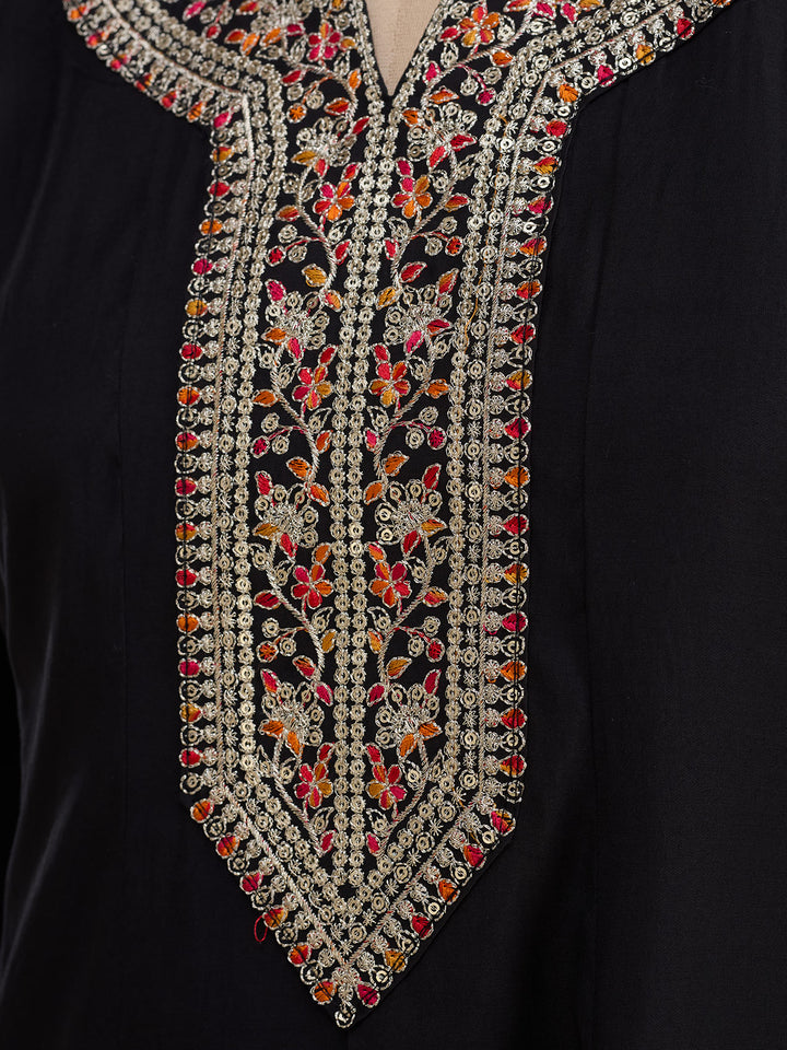 Black Soft Raw Silk Silver Zariwork Anarkali Kurta With Pant Regular And Dupatta