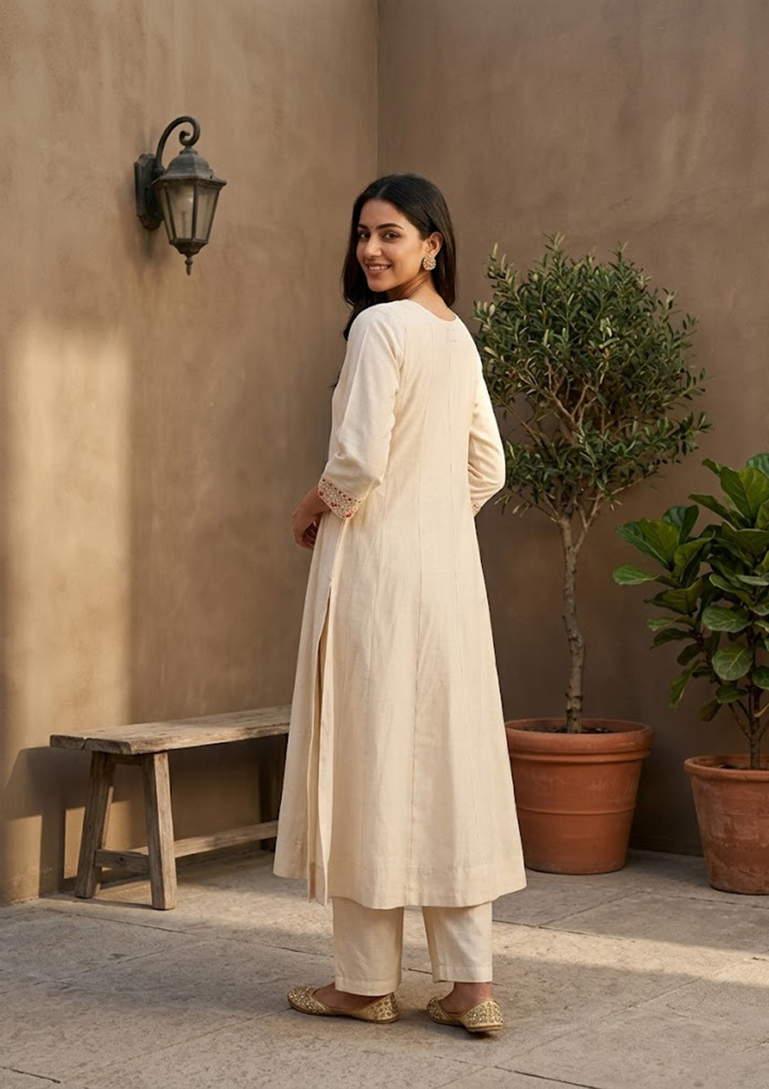 Cream Soft Raw Silk Silver Zariwork Anarkali Kurta With Pant Regular And Dupatta