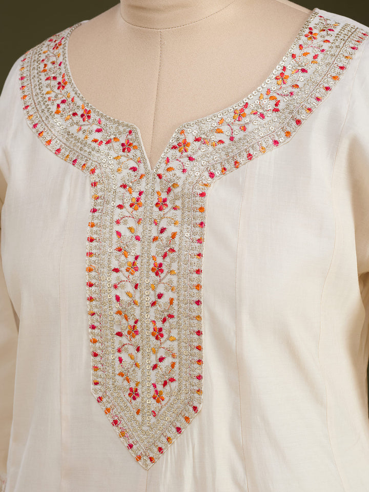 Cream Soft Raw Silk Silver Zariwork Anarkali Kurta With Pant Regular And Dupatta