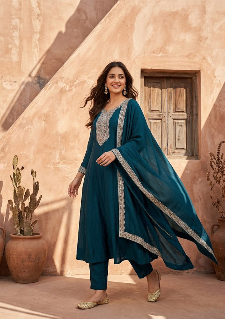 Teal Green Soft Raw Silk Gold Zariwork Anarkali Kurta With Pant Regular And Dupatta