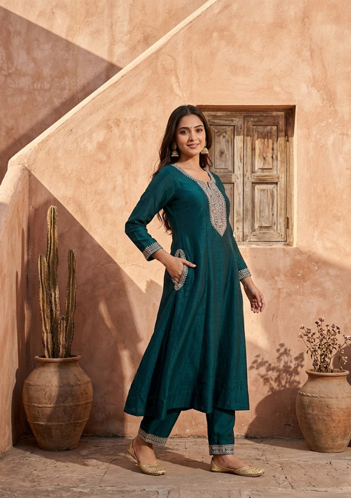 Teal Green Soft Raw Silk Gold Zariwork Anarkali Kurta With Pant Regular And Dupatta