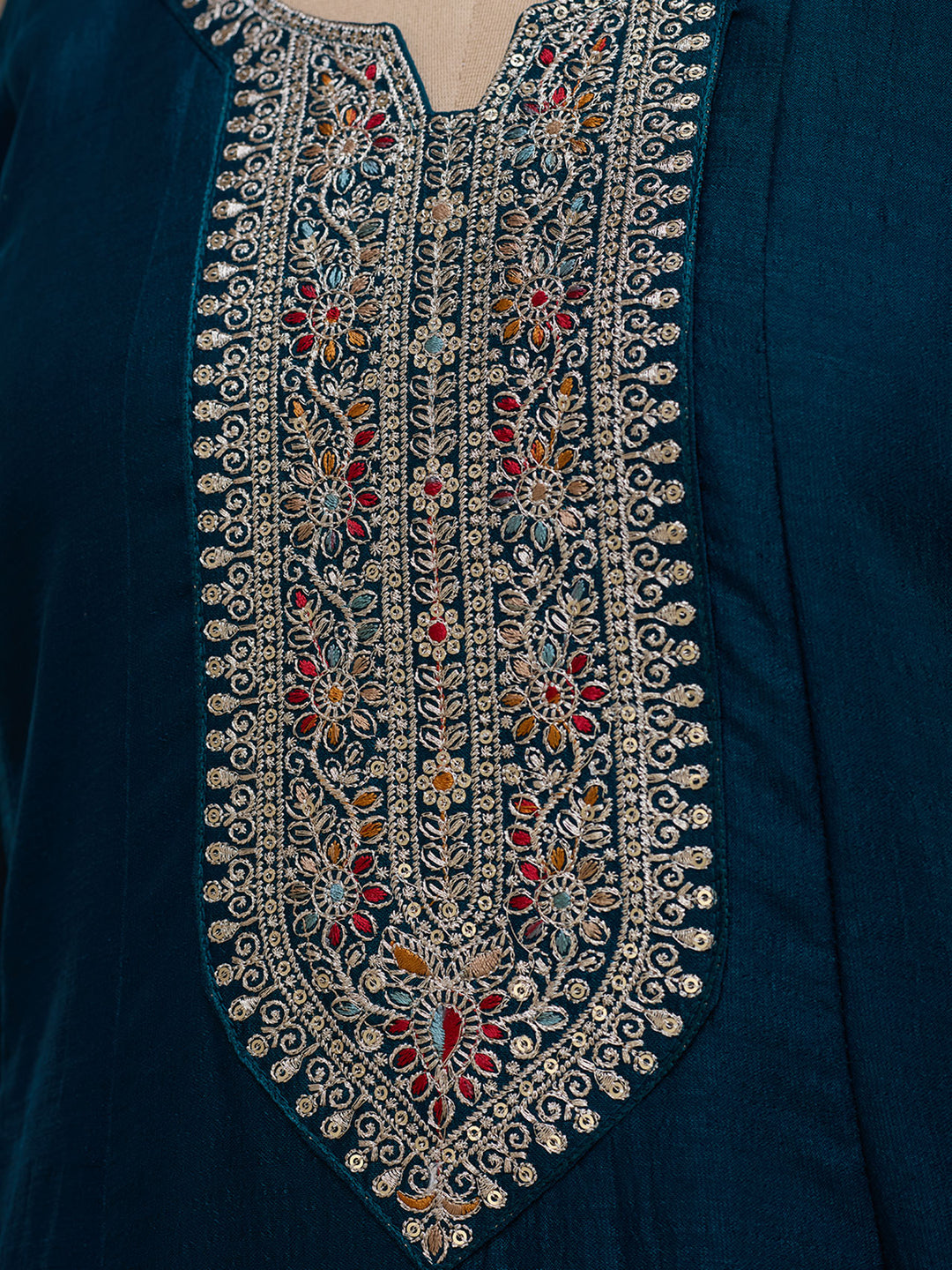 Teal Green Soft Raw Silk Gold Zariwork Anarkali Kurta With Pant Regular And Dupatta