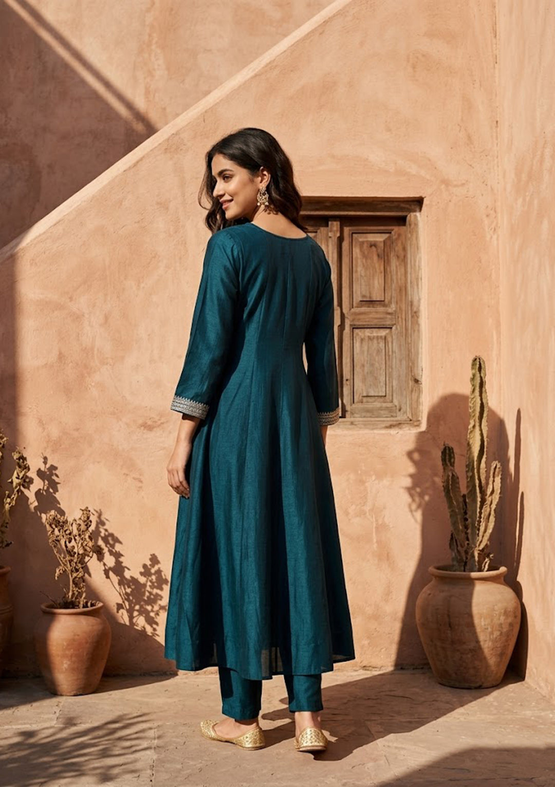 Teal Green Soft Raw Silk Gold Zariwork Anarkali Kurta With Pant Regular And Dupatta