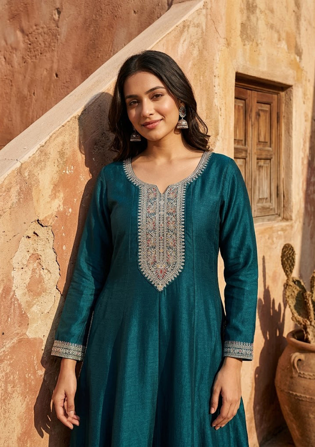 Teal Green Soft Raw Silk Gold Zariwork Anarkali Kurta With Pant Regular And Dupatta