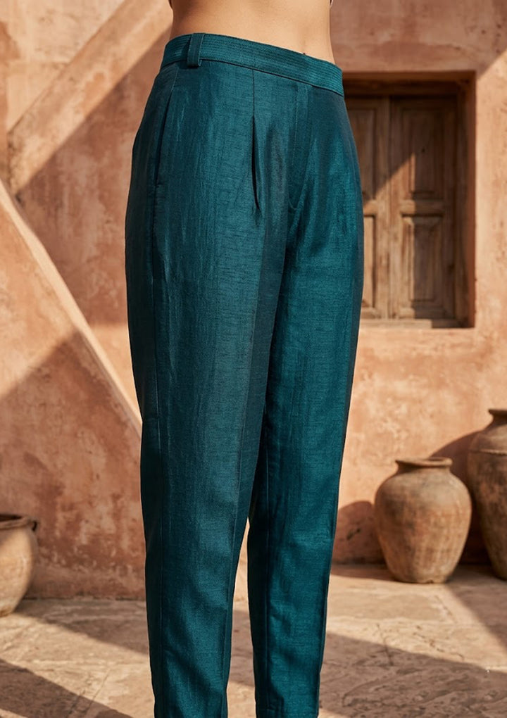 Teal Green Soft Raw Silk Gold Zariwork Anarkali Kurta With Pant Regular And Dupatta