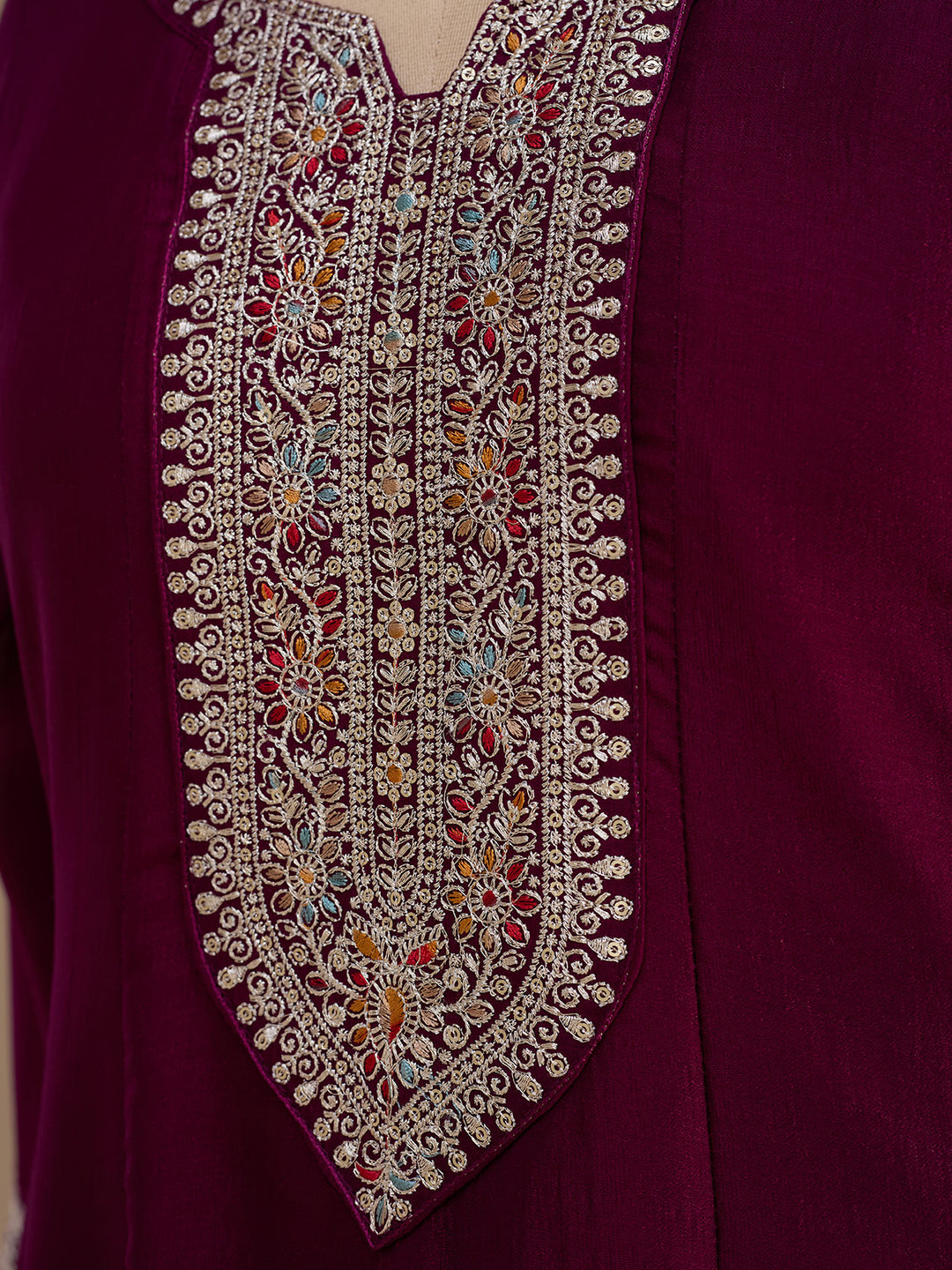 Wine Soft Raw Silk Gold Zariwork Anarkali Kurta With Pant Regular And Dupatta