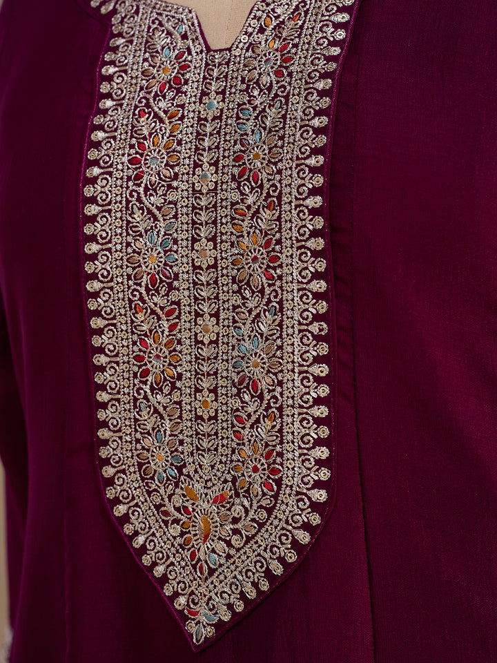 Wine Soft Raw Silk Gold Zariwork Anarkali Kurta With Pant Regular And Dupatta