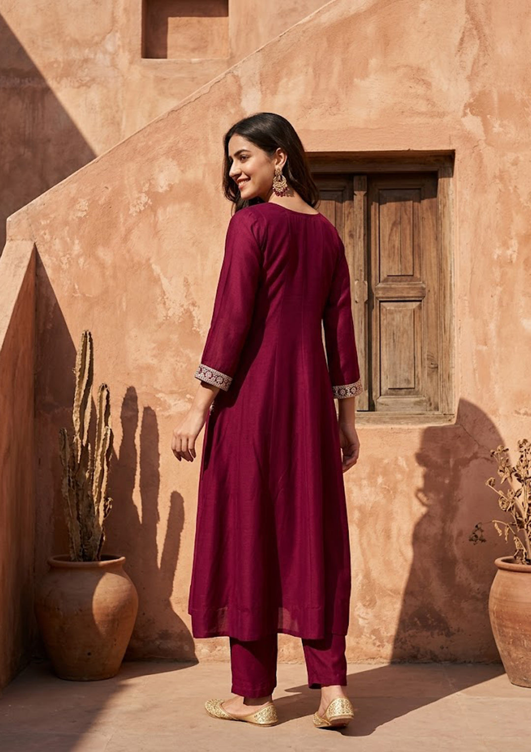 Wine Soft Raw Silk Gold Zariwork Anarkali Kurta With Pant Regular And Dupatta