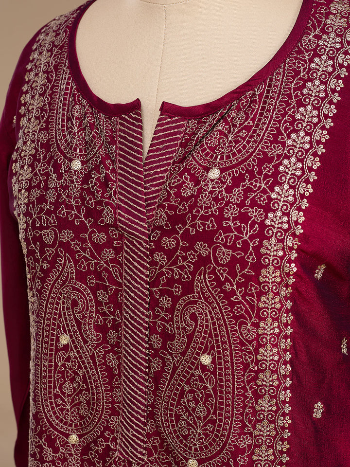Maroon Soft Raw Silk Threadwork Straight Kurta With Pant Regular And Dupatta