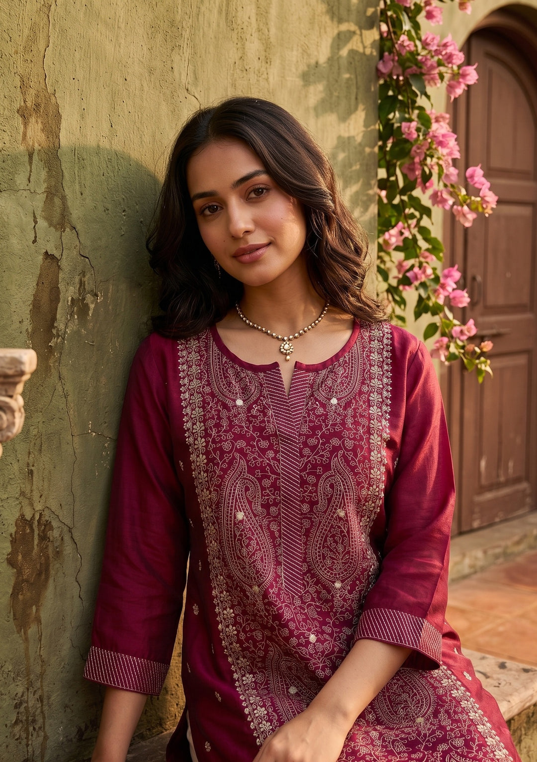 Maroon Soft Raw Silk Threadwork Straight Kurta With Pant Regular And Dupatta