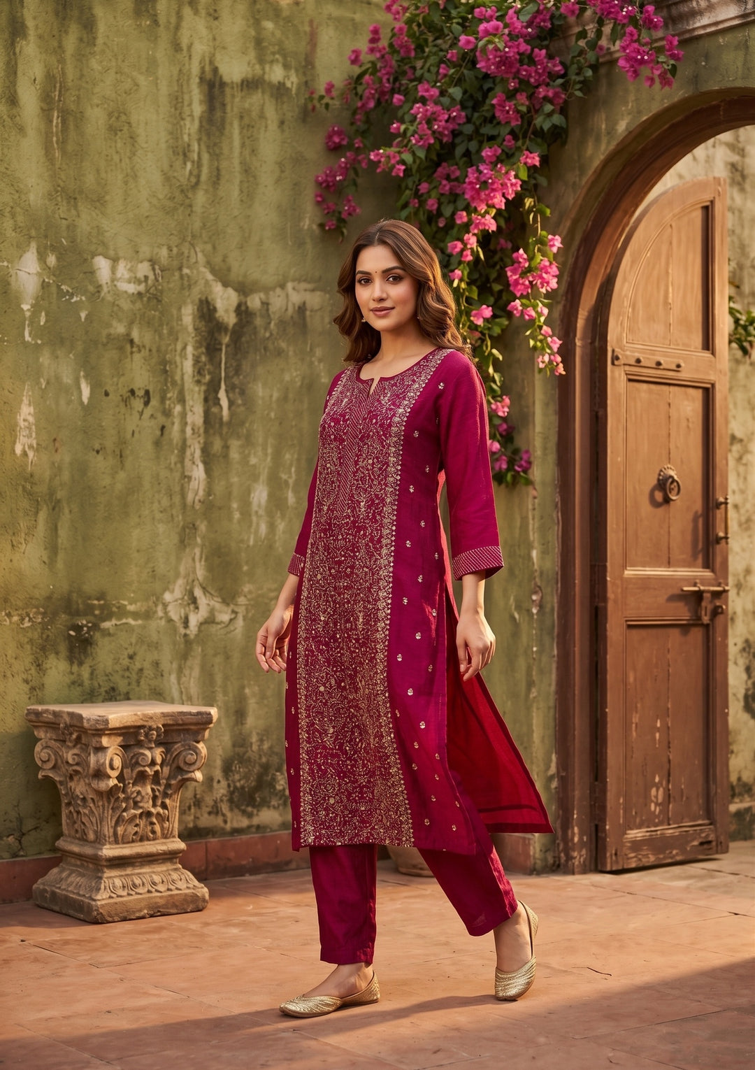 Maroon Soft Raw Silk Threadwork Straight Kurta With Pant Regular And Dupatta